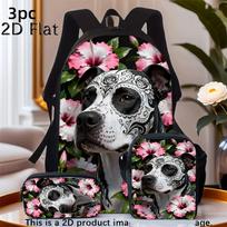 Kuprinių rinkinys vaikams: sugar skull šuniuko ir hibisko motyvas, 3 dalys – kuprinė, rankinė per petį, kosmetinė