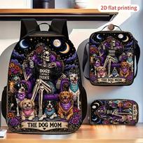 Mokyklinė kuprinė su pietų dėžute ir penalas „Vintage Skeleton Dog Mom“, 3 dalių rinkinys