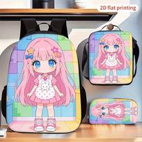 Mokyklinė kuprinė, pietų dėžutė ir penalas su rožaplauke anime mergina, 3 dalių rinkinys