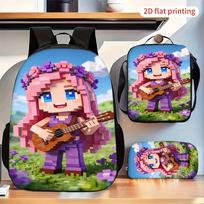 Mergaitės su gitara kuprinė, 3 dalių rinkinys su rankine, Pixel Pink