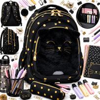 Mokyklinė kuprinė ASTRABAG Fluffy Kitty, juoda, 20 l, 3 skyriai, auksinis kačiuko piešinys