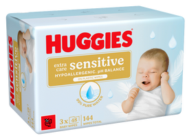 HUGGIES Extra Care Sensitive – drėgnos servetėlės be plastiko (3 vnt., 48 vnt.)