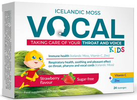 VOCAL KIDS kramtomosios pastilės su braškių skoniu, 24 vnt.