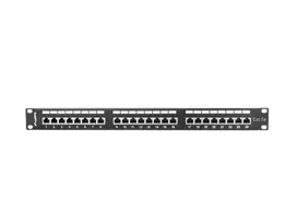 Patch panel 1U LANBERG PPS5-1024-B — 24 prievadų RJ-45 Cat5, metalinis, juodas, montuojamas į stovą