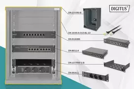 DIGITUS 10 colių tinklo rinkinys su 9U spintele, juoda lentyna, PDU, 8 prievadų jungikliu, CAT6 pataisų skydeliu