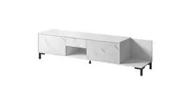 TV spintelė Cama Meble MARMO 2D1S1K, 195x40x47,5 cm, balta matinė/viršus marmuras baltas