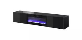 Spintelė televizoriui Cama Meble SLIDE 200K su elektriniu židiniu 200×40×37 cm blizganti juoda, MDF durelės, medžio drožlių plokštės rėmas