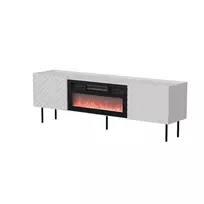 TV spintelė cama meble LUCCA 180x40x59 cm, baltas viršus ir rėmas, juodas elektrinis židinys