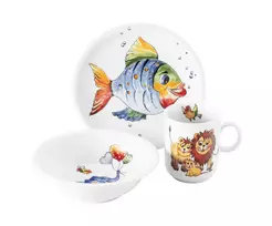SELTMANN COLORFUL WILDLIFE vaikų pietų indų rinkinys 3 vnt. porcelianas - lėkštė, dubuo, puodelis - gyvūnų motyvai