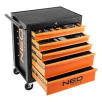 NEO TOOLS dirbtuvės spinta su 5 stalčiais ir 117 įrankių, rutuliniais kreiptuvais, centriniu užraktu, 400 kg statine apkrova, juoda