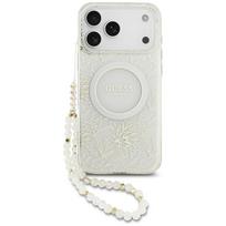 „Guess“ IML Flowers Allover MagSafe dėklas iPhone 18 Pro Max / 17 Pro Max su perlų dirželiu, baltas