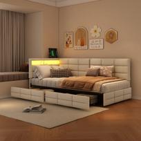 Sofa-lova 90x200 cm su 2 stalčiais - su LED ir USB - lininė - smėlio spalvos