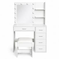 Kosmetinis staliukas Modern su LED apšvietimu, veidrodžiu, lentynomis, stalčiais ir taburete