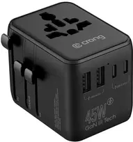 Maitinimo šaltinis Crong Crong One World kelioninis adapteris – Universalus kelioninis adapteris GaN 45W UK/EU/US/AU (juoda)