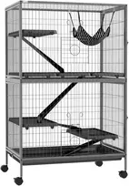 Aosom Smulkių gyvūnų narvas su hamaku ir ratukais, 4 aukštų, plienas, plastikas, pilkas, 80 x 52 x 128 cm