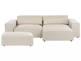 Modulinė 3 vietų kampinė sofa HELLNAR su otomana, veliūras, šviesiai smėlio spalvos, kairinė