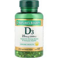 Nature's Bounty, Vitaminas D3, 25 mcg (1000 TV), 250 greito atpalaidavimo minkštųjų kapsulių