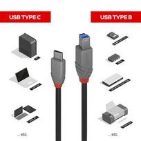 USB Kabelis - LINDY Anthra Line USB 3.2 Type C į B Laidas, M/M, 5Gbp, 0.5 m, Juodas