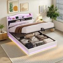 Lova 140x200cm, hidrauliškai pakeliama dvigulė lova, LED, USB/Type-C, paminkštintas galvūgalis su daiktadėže, baltas aksomas