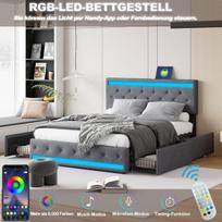 Minkštas lovas 160x200 cm su 4 stalčiais, RGB LED apšvietimu ir USB Type-C įkrovimo stotele, miegamajui, tamsiai pilkas linas