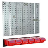Įrankių sienelė 78x72 Botle Tool Pegboard, Įrankių sienelė metalinė 78x72 cm Sandėliavimo sistema su įrankių laikikliais Įrankių kabliukai ir 6 dėtuvės 120 x 200 x 90 mm Spalva: raudona Perforuota plokštė Dirbtuvės Garažas Dėžutė Elektriniai į