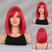 Red Bob Wig for Women - Side Part Bangs Short Hair, Halloween Easter Exaggerated Street Style Full Cap Wig, Multiple Red Options Available 35cm 13.77inch