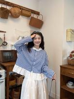 Women's Korean Retro Color Block Blue Plaid Shirt with Ruffle Lace Hem - Early Spring Design Small