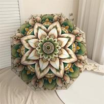 1PC Lotus Mandala Umbrella-8-Rib Reinforced, Automatic Open, Lightweight & Durable, Cute Fashion Accessory for Outdoor, Beach, or Casual Use, Beach Um black