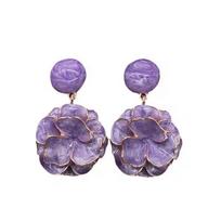 French Retro Purple Enamel Magnolia Flower Earrings for Women