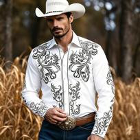 Retro Western Style Men's Long-Sleeved Baroque Floral and Vinyla Print Rural Ranch Versatile Casual Top S