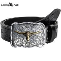 Men's Western Denim Belt, Bull Head Buckle, Retro Embossed Leather Belt, Trendy Belt 105cm
