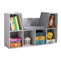 2-in-1 Children's Shelf, Shelf + Bench incl. Cushion, 103 cm x 30 cm x 62 cm, White + Gray 103 x 30 x 62 cm