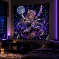 Galaxy Cat Girl Anime Blacklight Tapestry Neon Wall Hanging Cool Aesthetic Gaming Bedroom Dorm Decor 100X70CM