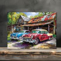 Vintage Classic Cars Rustic Barn Painting Tapestry Retro Automotive Wall Art Garage Decor Nostalgic Background Print 100X70CM