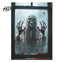 Creepy Window Posters Skeleton Frame Wall Sticker for Halloween Horror Decoration, Reusable Art Decor 3D Scary Stickers with Spider Web Design,