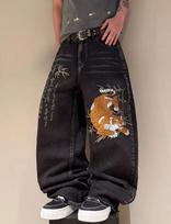 American retro embroidered jeans washed and old fashion trend loose casual straight wide-leg pants S black