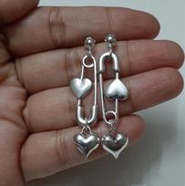 Vintage Heart Safety Pin Drop Earrings, Punk Pendant Statement Jewelry gray