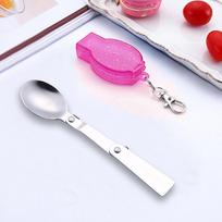 Portable Folding Stainless Steel Spoon with Retractable Keychain Holder for Outdoor Camping Hiking Travel Kitchen Use raudona