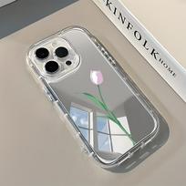 Pink Tulip Pattern Back Mirror Phone Case For iPhone 17 16 15 Pro 14 13 12 11 Pro Max X XR XS 17 Air 7 8 Plus Shockproof Cover iPhone 11 Pro skaidri