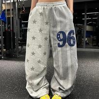 VIONA EAHO American Retro Star Print Drawstring Wide Leg Sweatpants Unisex Casual Versatile Loose Fit Floor Length Sports Pants S