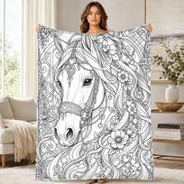 Gėlių žirgų portretas koralinio vilnos pledas 100cm*150cm gray