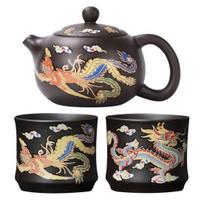 Teapot Chinese Dragon Phoenix Auspicious Zisha Clay Gongfu Tea Kettle for Loose Tea Hand-made Tea Pots with Unique Color-changing Effect
