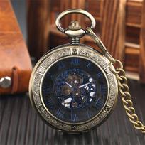 Mystical Black Dial Mechanical Pocket Watch Transparent Hunter Blue Roman Numerals Display Hand Winding Pocket Watch for Men gray