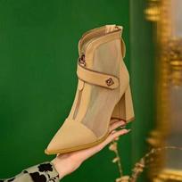 Women's High-heeled Ankle Boots Fall New Pointy Mesh Breathable Front and Back Zipper Thick Heel Boots 34 abrikosas
