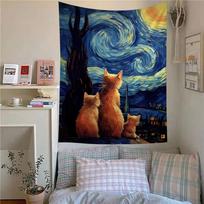 Van Gogh The Starry Night Romantic Black Cat Tapestry Art Printing Bohemian Wall Tapestries Mandala Decor Blanket 50x70cm gray