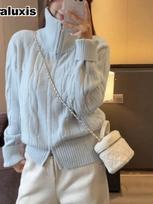 Solid Color Double Zipper Herringbone High Neck Lazy Style Outerwear Knit Cardigan Warm Sweater Design Top for Women One Size