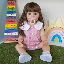 NPK 55cm SueSue pilno kūno silikoninė atgimusi mažylio lėlė, rankomis detaliai dažyta, su ilga ruda peruko plaukų šukuosena Blue eyes black