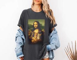 Womens Springsummer New Mona Lisa Cat Tshirt Unisex Cotton Oversized Streetwear Short Sleeve Loose Casual S black