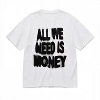 Men's and Women's Retro Loose T-shirts _All We Need Is Money_ Print Pattern White and Black Casual Street Style S