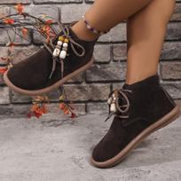 Autumn Women's Boots Retro Faux Suede Beaded Lace-up Ankle Boots Comfortable Round Toe Flat Short Boots High-top casual shoes 35